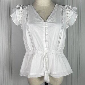 J. Crew Point Sur -Flutter Sleeve Pom Pom Cinch Waist Blouse/Tie/Bow - White - S